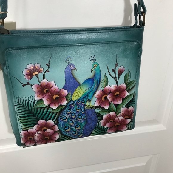 Anuschka Hand Painted Teal and Pink Floral Leather Crossbody Organizer Bag NWT - Picture 2 of 8